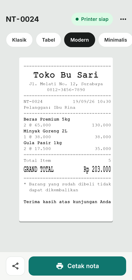 Layar preview nota bentuk Modern dengan tombol Cetak nota dan Kirim