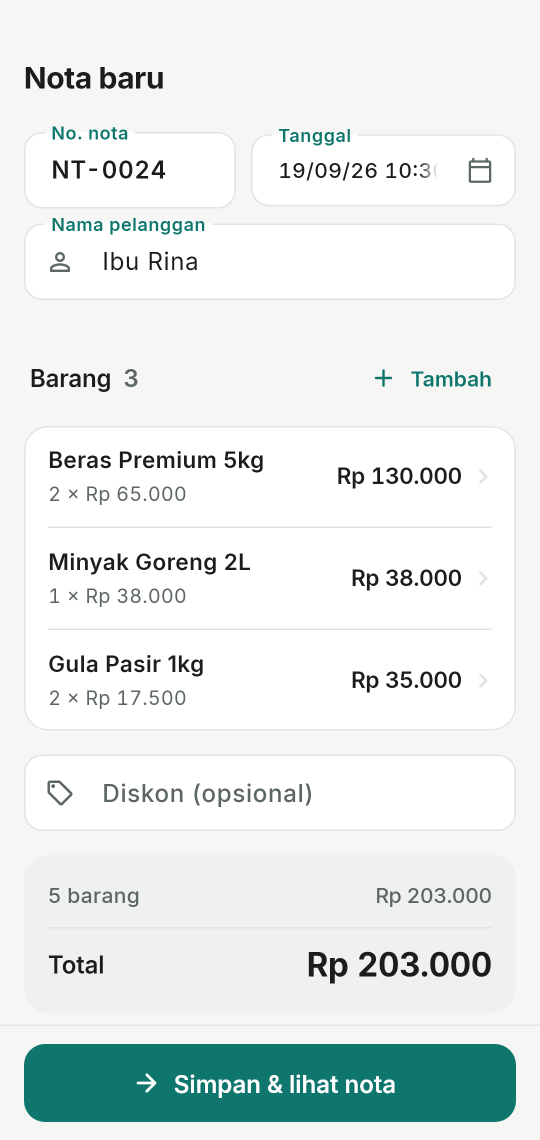 Layar Nota baru: nama pelanggan, daftar barang dengan jumlah dan harga, total otomatis