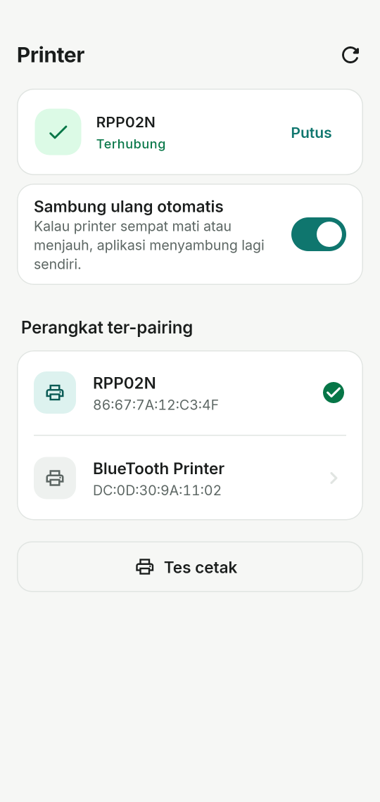 Layar Printer: status terhubung, sambung ulang otomatis, daftar perangkat ter-pairing