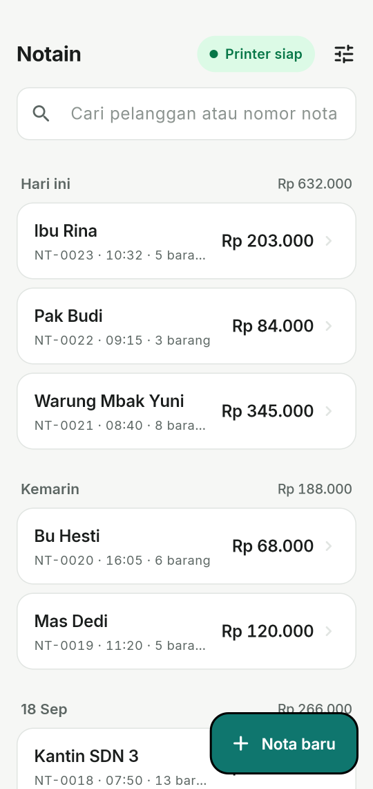 Layar riwayat nota dikelompokkan per hari dengan total harian
